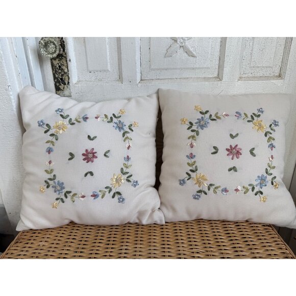 None Other - Vintage 80's Pair Linen Floral Ribbon Embroidery Accent Pillow 15x14"